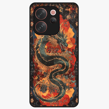 Inferno Dragon Soul Glass Case showing flat back view with fiery dragon artwork and glossy glass finish.