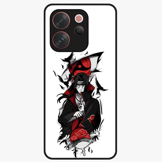 Itachi Sharingan Glass Case showing flat back view with powerful anime eye artwork and glossy glass finish.