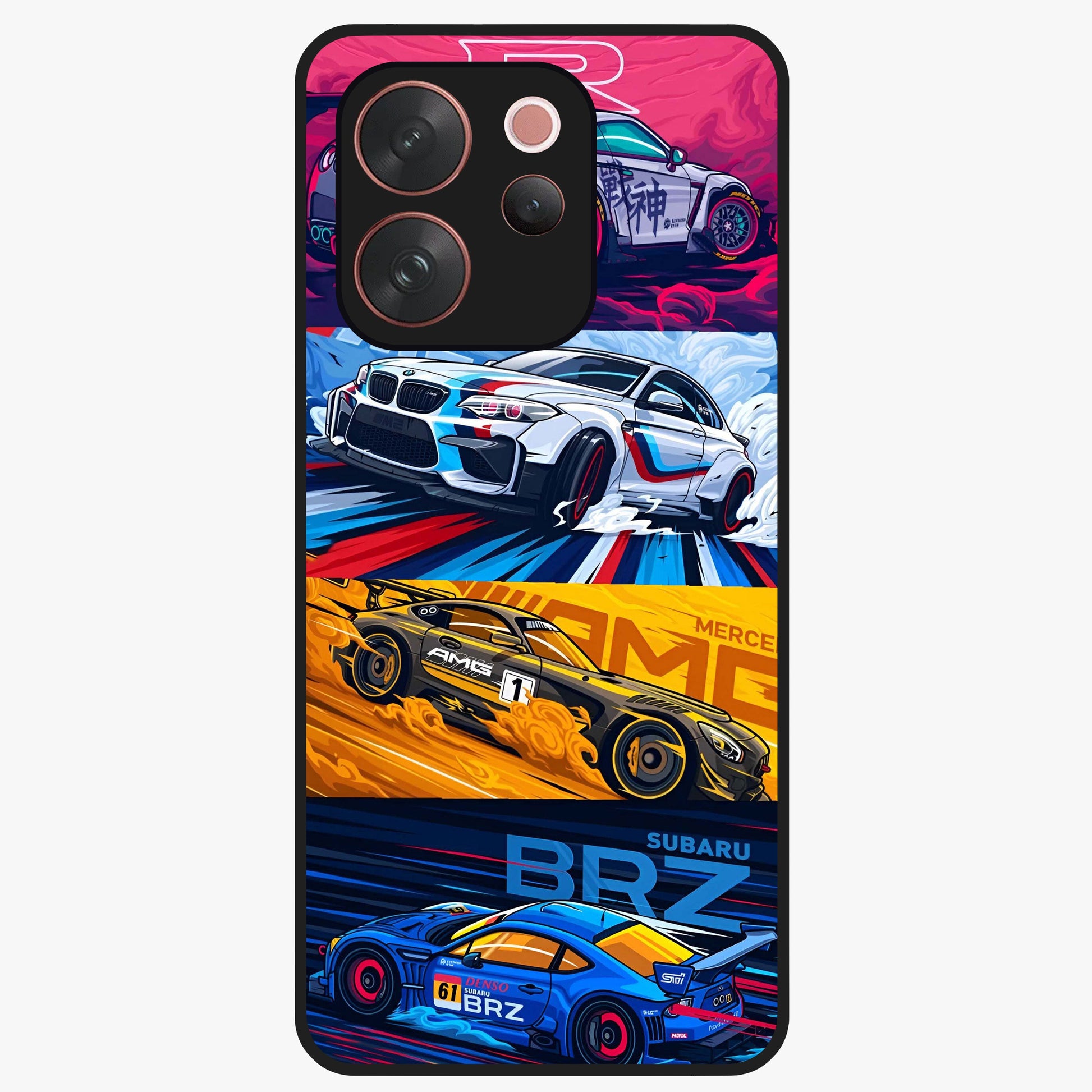 JDM Sports Car Glass Case showing flat back view with high performance sports car artwork and glossy glass finish.