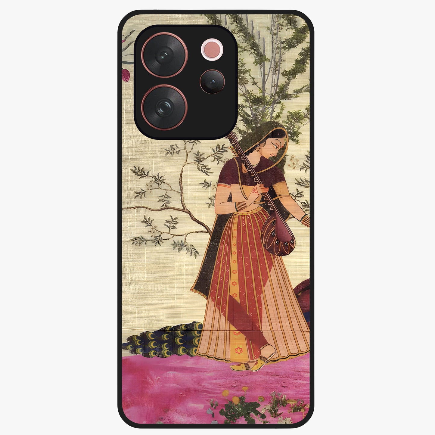 Lady With Veena Art Glass Case showing flat back view with elegant woman playing veena artwork and glossy glass finish.