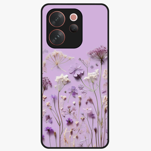 Lavender Blossom Dream Glass Case showing flat back view with soft lavender floral artwork and glossy glass finish.