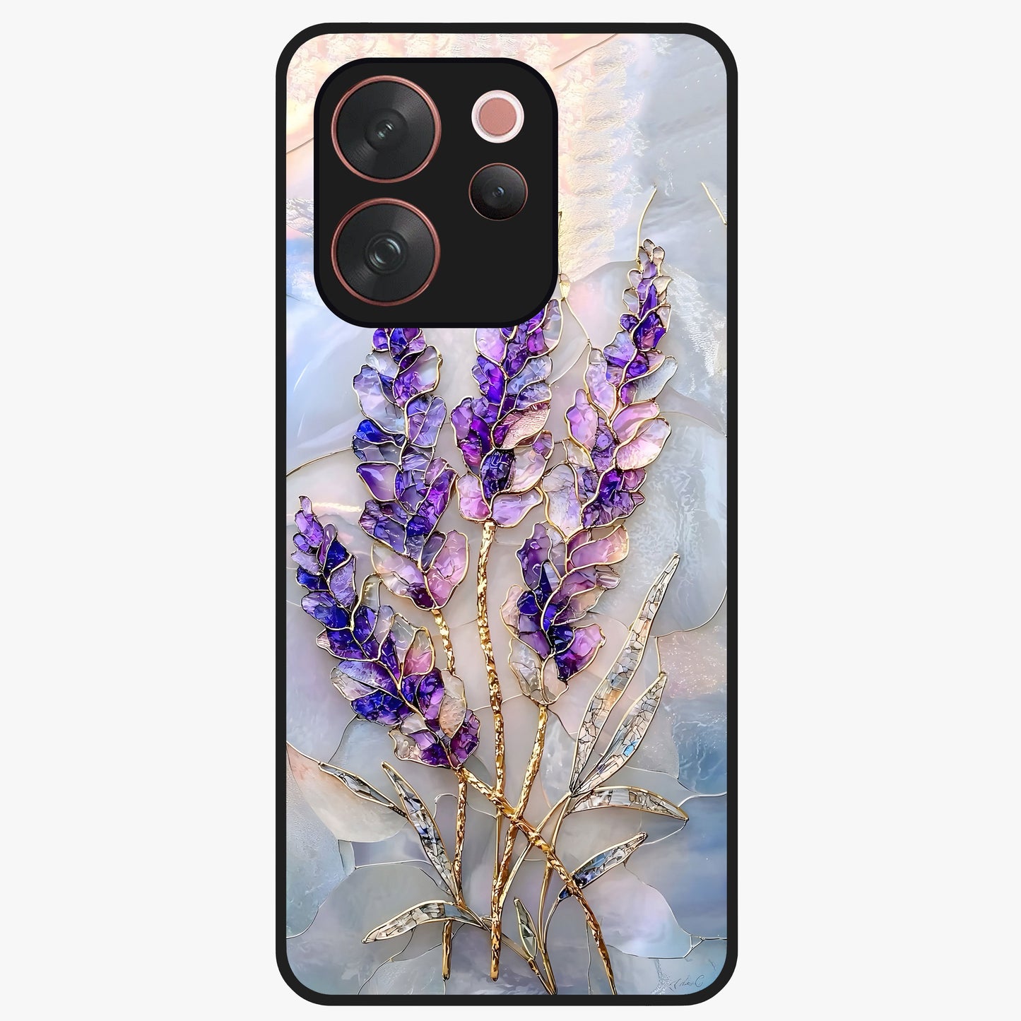 Lavender Dream Glow Glass Case showing flat back view with glowing lavender aesthetic artwork and glossy glass finish.