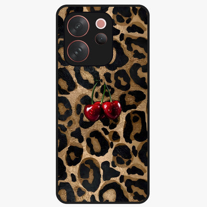 Leopard Wild Cherry Glass Case showing flat back view with leopard pattern and cherry artwork and glossy glass finish.