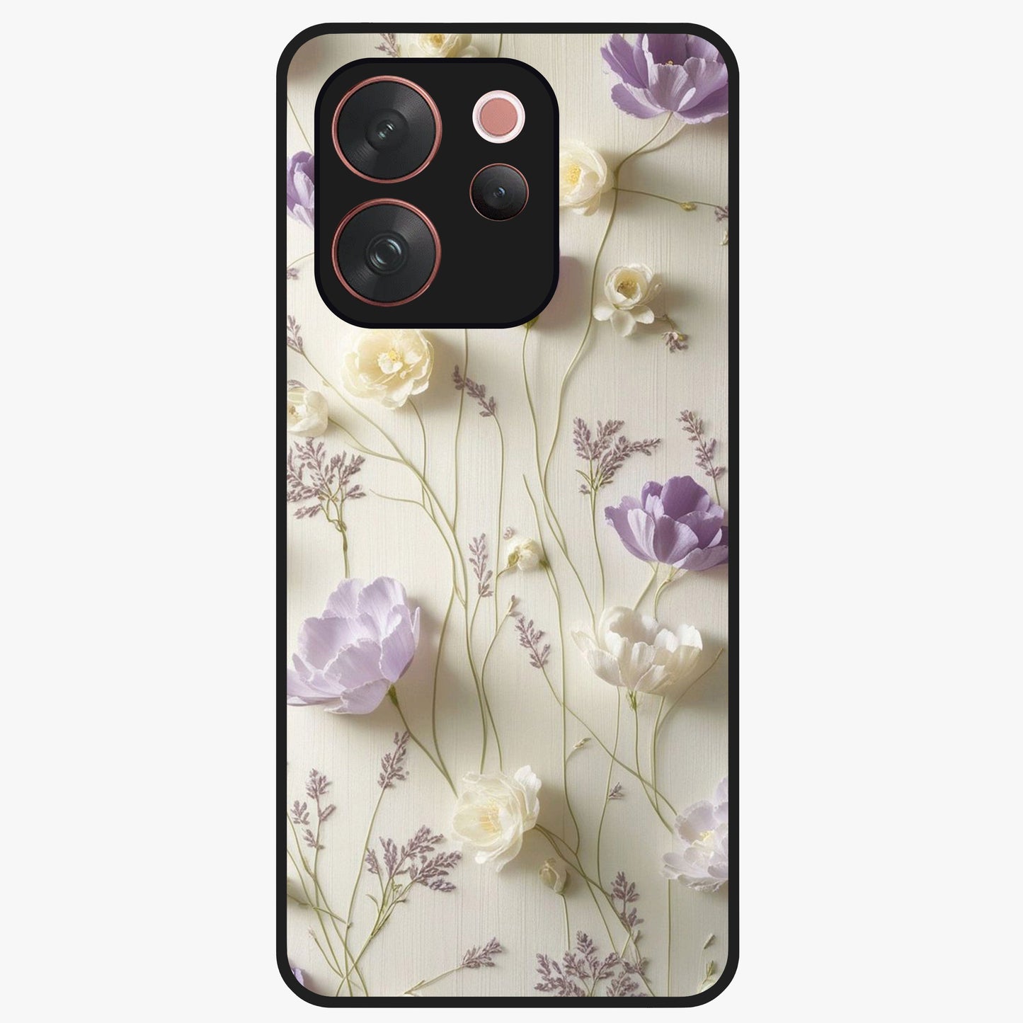 Lilac Breeze Harmony Glass Case showing flat back view with soft lilac themed artwork and glossy glass finish.