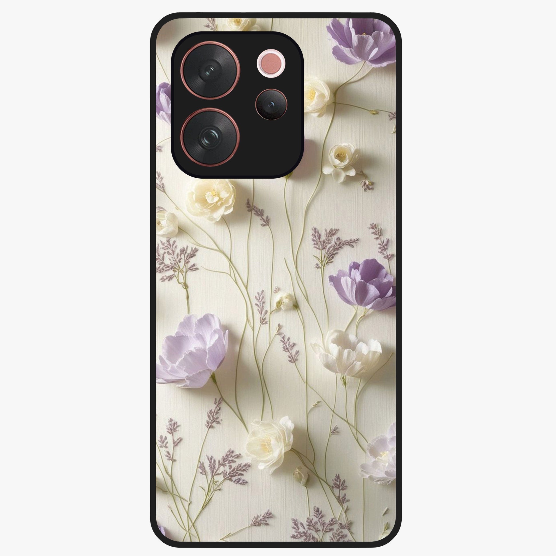 Lilac Breeze Harmony Glass Case showing flat back view with soft lilac themed artwork and glossy glass finish.