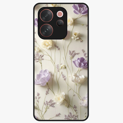 Lilac Breeze Harmony Glass Case showing flat back view with soft lilac themed artwork and glossy glass finish.