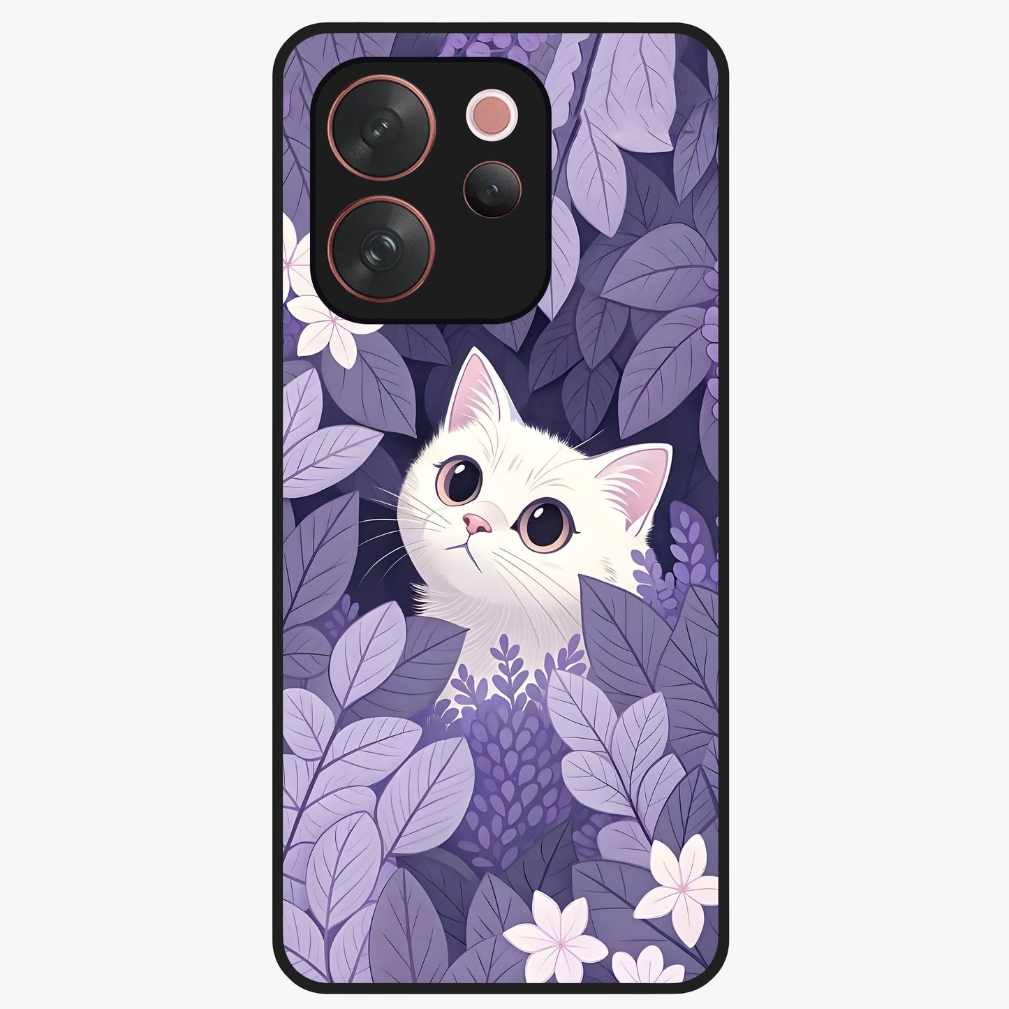 Lilac Hide Peek Cat Glass Case showing flat back view with cute peeking cat artwork and glossy glass finish.