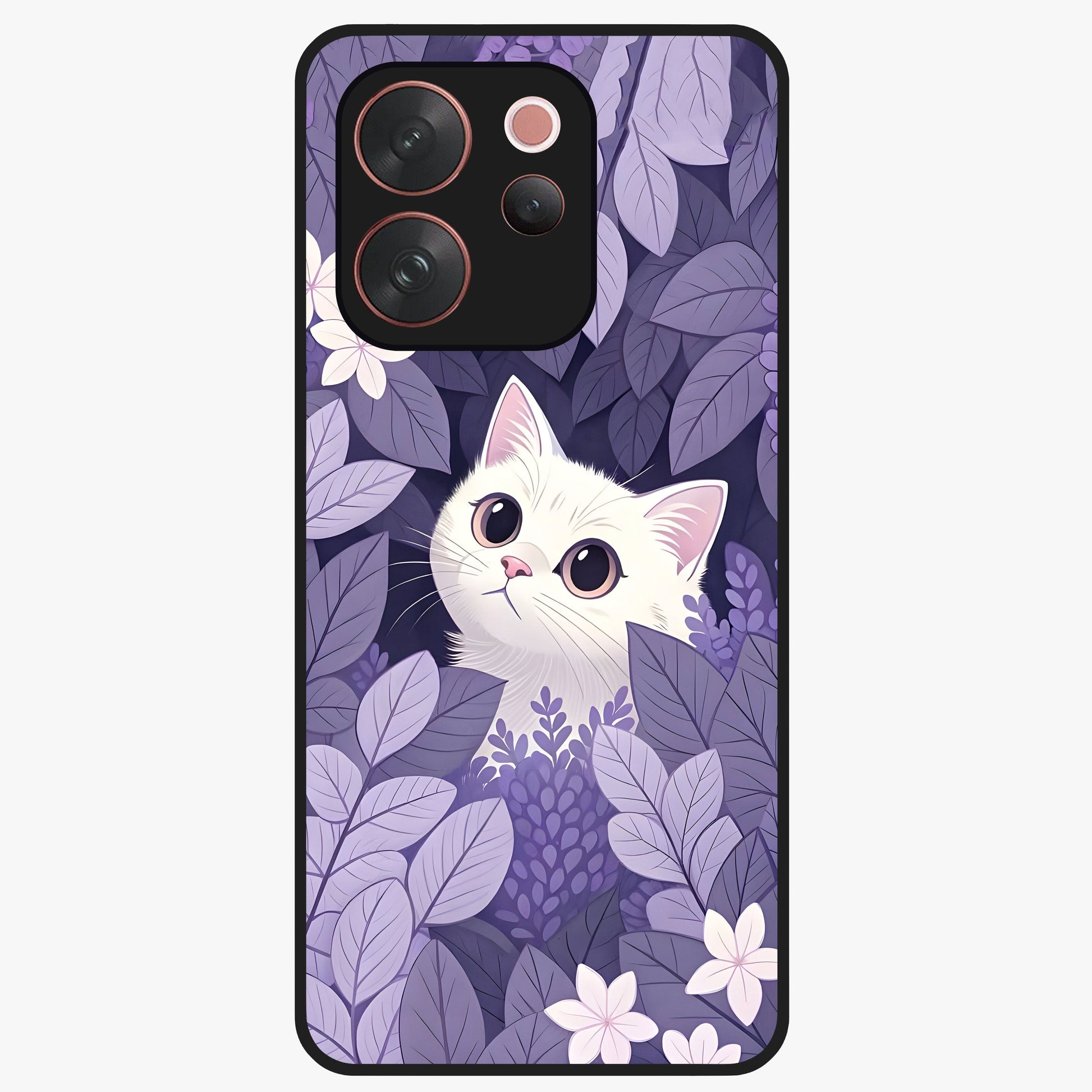 Lilac Hide Peek Cat Glass Case showing flat back view with cute peeking cat artwork and glossy glass finish.