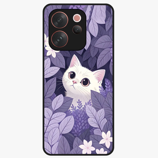 Lilac Hide Peek Cat Glass Case showing flat back view with cute peeking cat artwork and glossy glass finish.