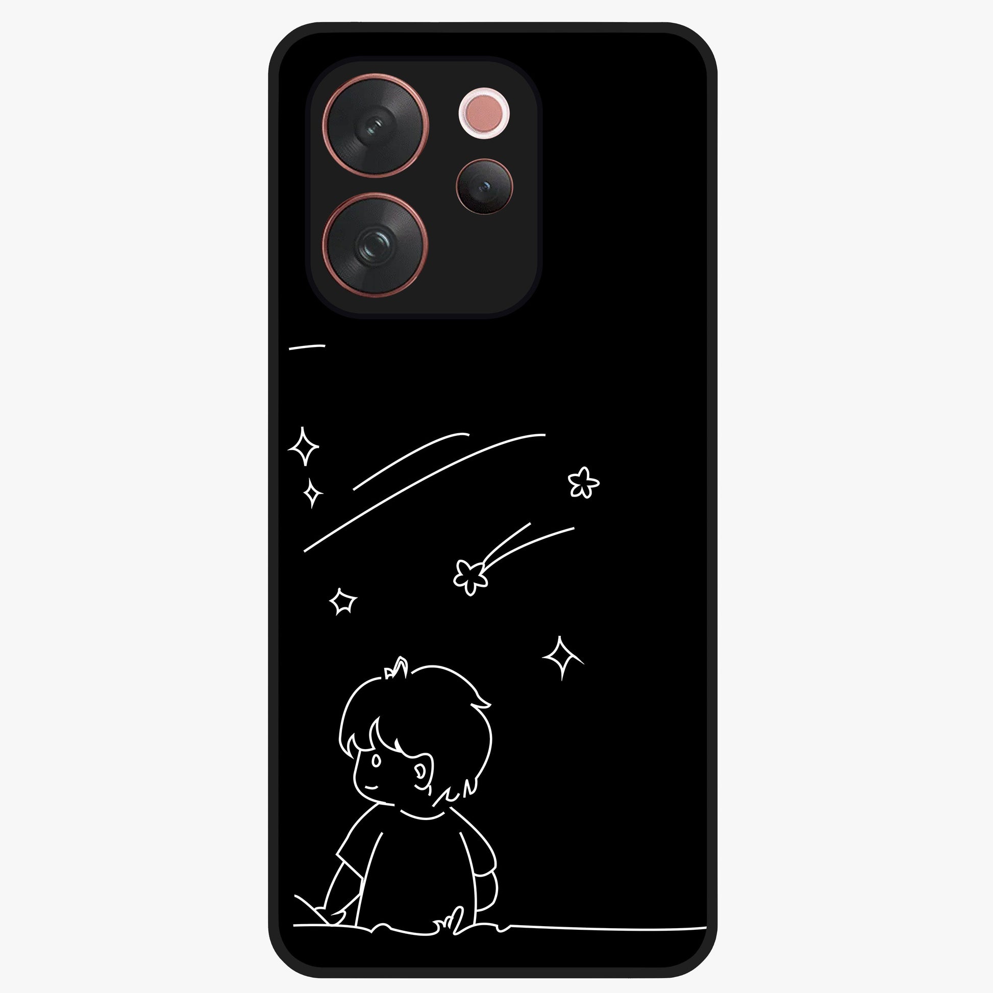 Line Art Boy With Shooting Stars Glass Case showing flat back view with minimal line art boy and shooting stars illustration and glossy glass finish.