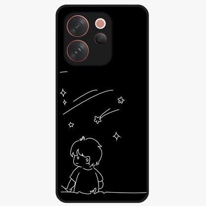Line Art Boy With Shooting Stars Glass Case showing flat back view with minimal line art boy and shooting stars illustration and glossy glass finish.