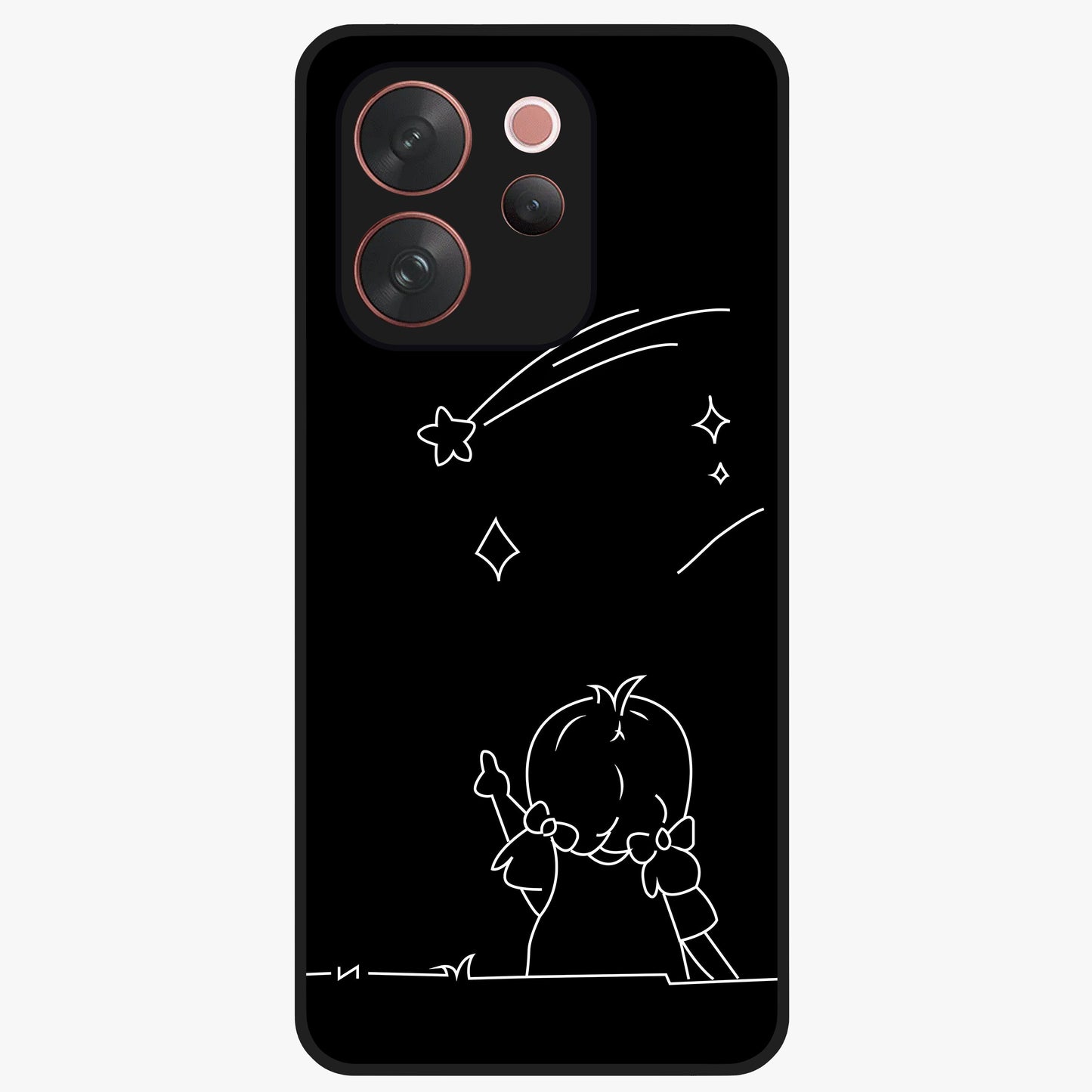 Line Art Girl With Shooting Stars Glass Case showing flat back view with minimal line art girl and shooting stars illustration and glossy glass finish.