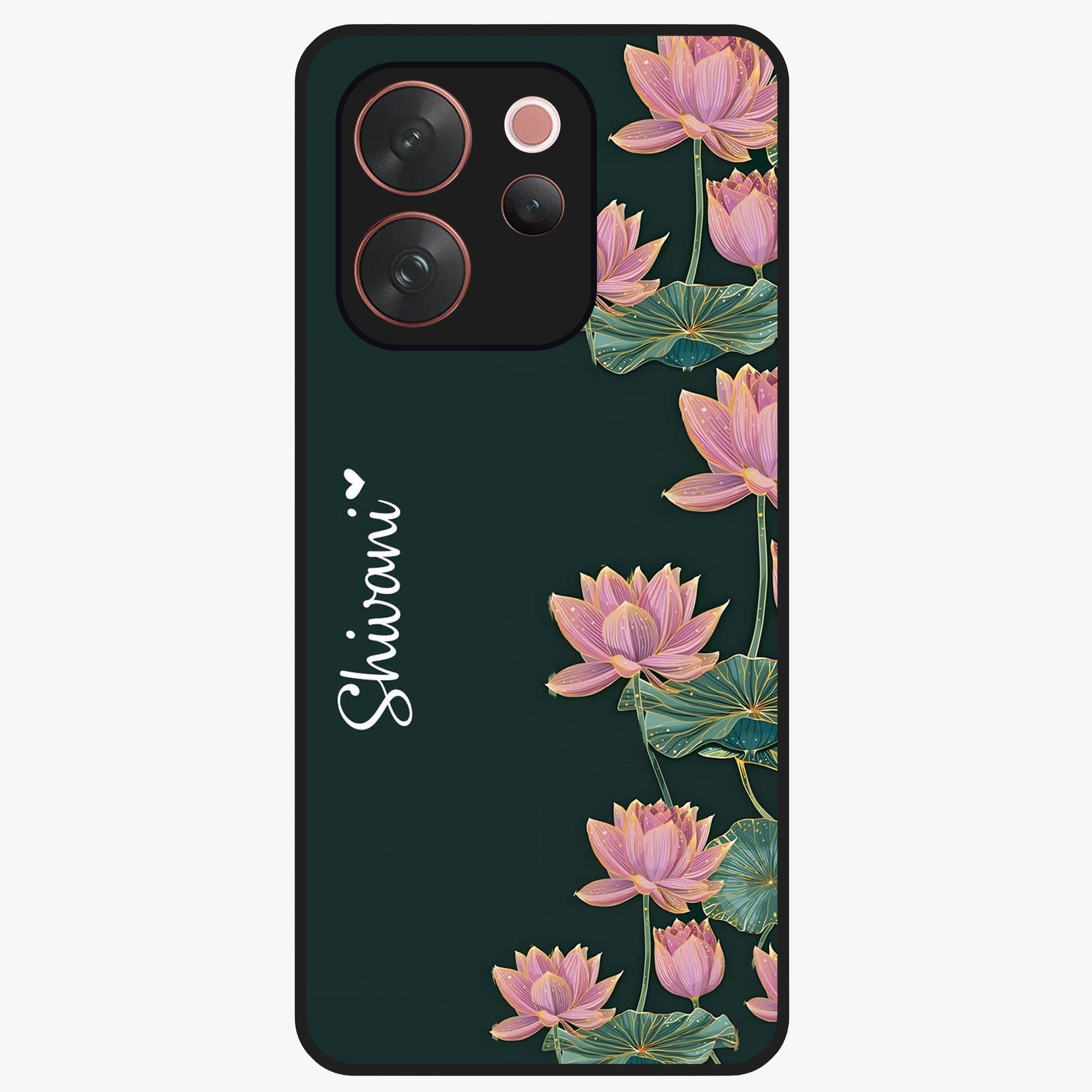 Lotus Bloom Serenity Custom Name Glass Case showing flat back view with elegant lotus flower artwork and personalized name design.
