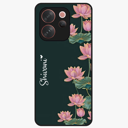 Lotus Bloom Serenity Custom Name Glass Case showing flat back view with elegant lotus flower artwork and personalized name design.