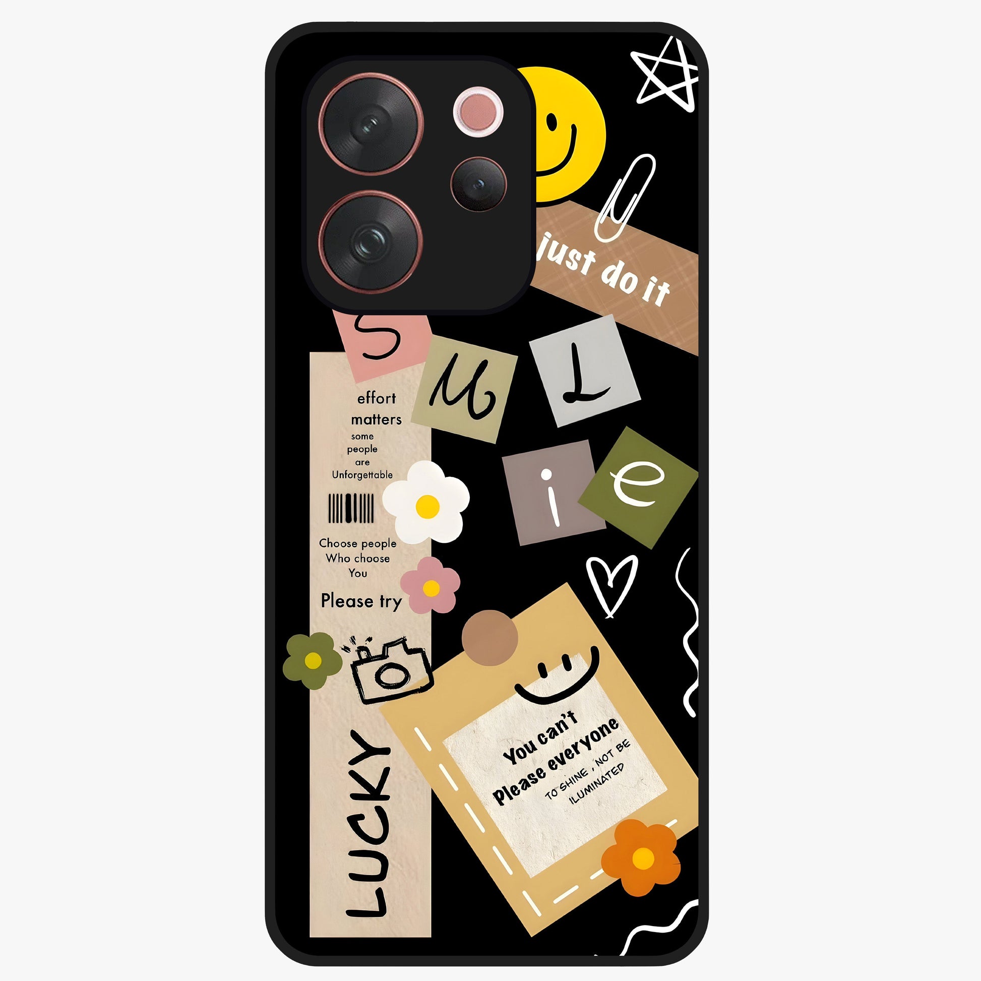 Lucky Aesthetic Collage Glass Case showing flat back view with trendy aesthetic collage artwork and glossy glass finish.