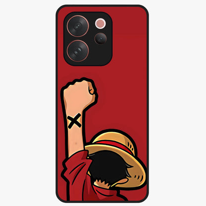 Luffy X Spirit Glass Case showing flat back view with bold anime character artwork and glossy glass finish.