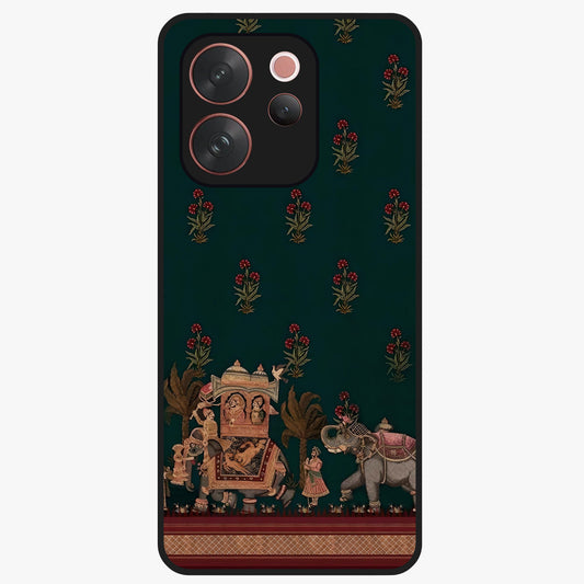 Macmerise Glass Case showing flat back view with stylish modern artwork and glossy glass finish.