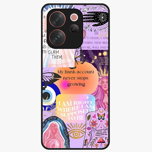 Manifestation Collage Glass Case showing flat back view with motivational collage artwork and glossy glass finish.