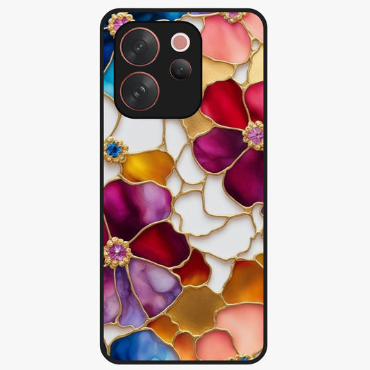 Marble Flower Pattern Glass Case showing flat back view with marble texture floral artwork and glossy glass finish.