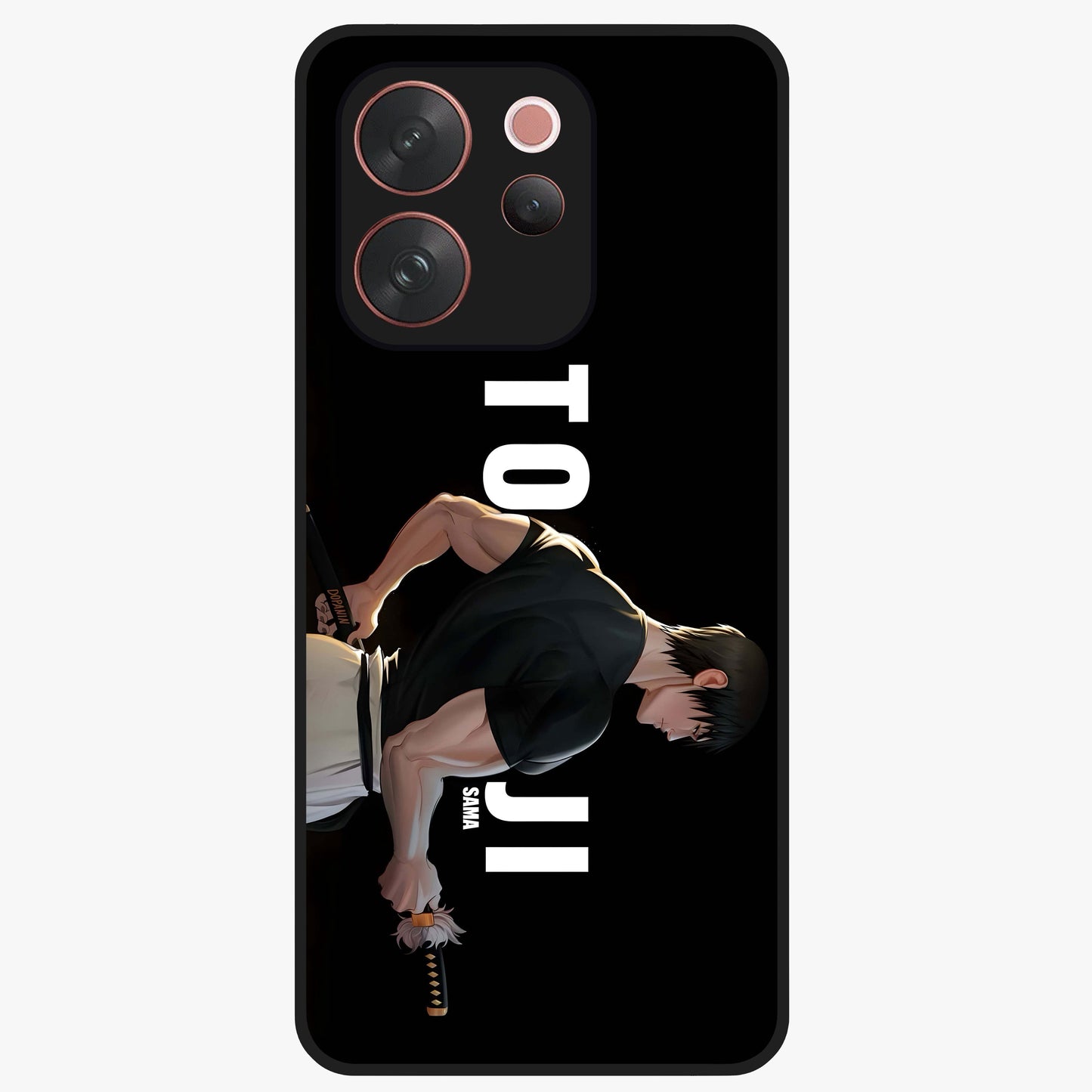 Midnight Blade Resolve Glass Case showing flat back view with dark warrior sword artwork and glossy glass finish.