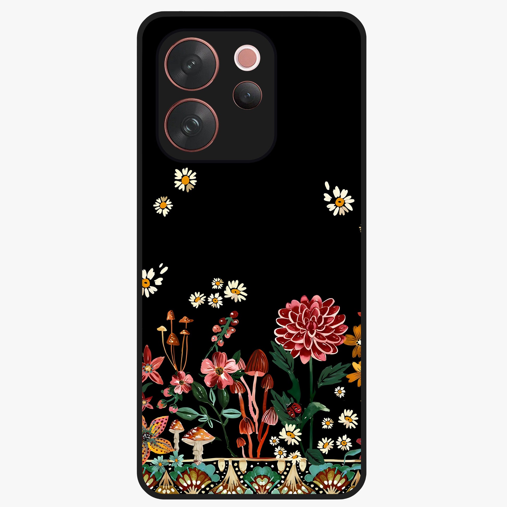 Midnight Bloom Pattern Glass Case showing flat back view with dark floral pattern artwork and glossy glass finish.