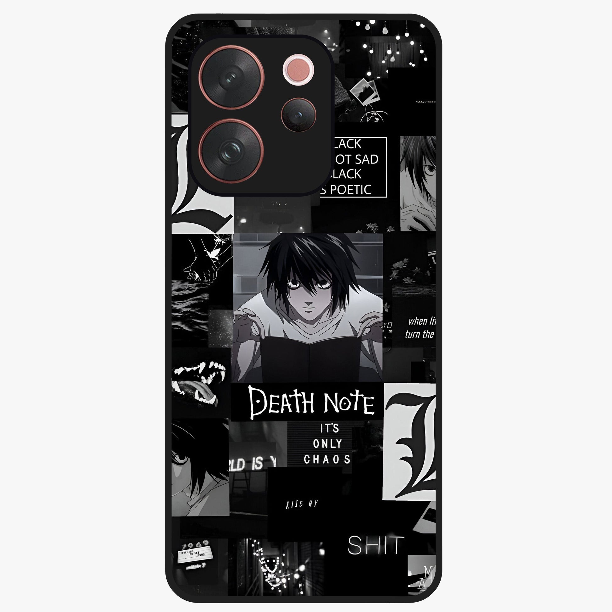 Midnight Chaos Mind Glass Case showing flat back view with abstract dark themed artwork and glossy glass finish.