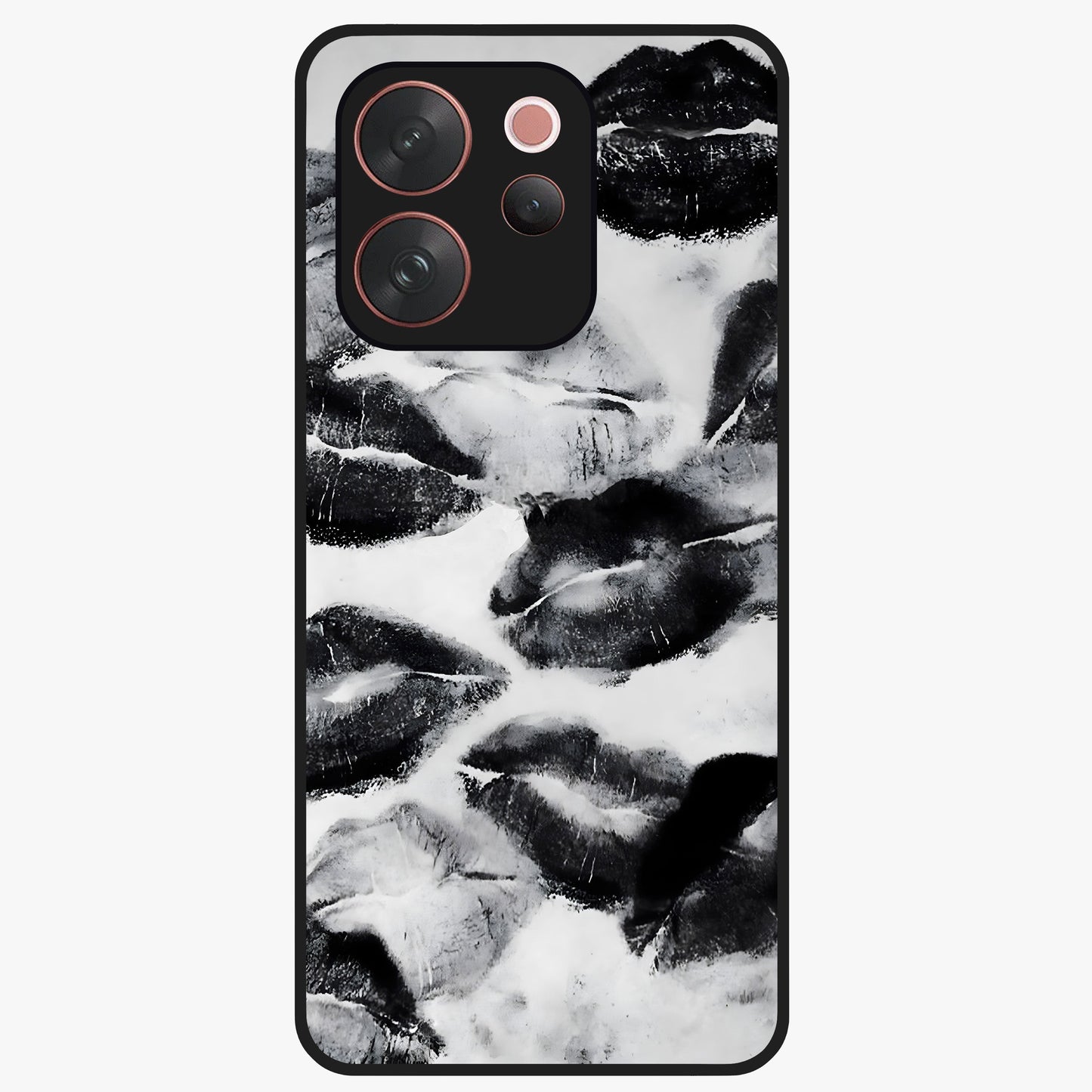 Midnight Kiss Marks Glass Case showing flat back view with lipstick kiss mark artwork and glossy glass finish.