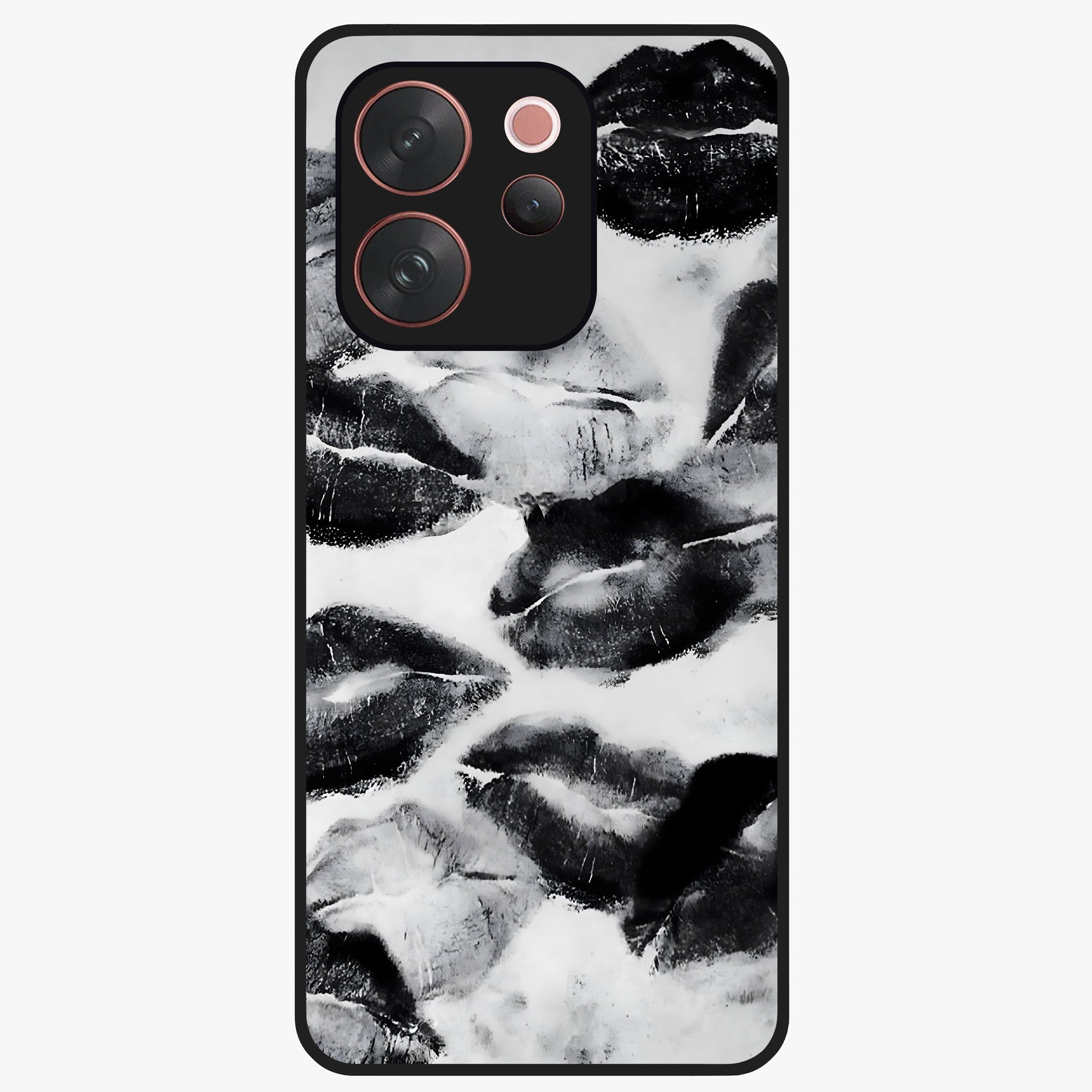 Midnight Kiss Marks Glass Case showing flat back view with lipstick kiss mark artwork and glossy glass finish.
