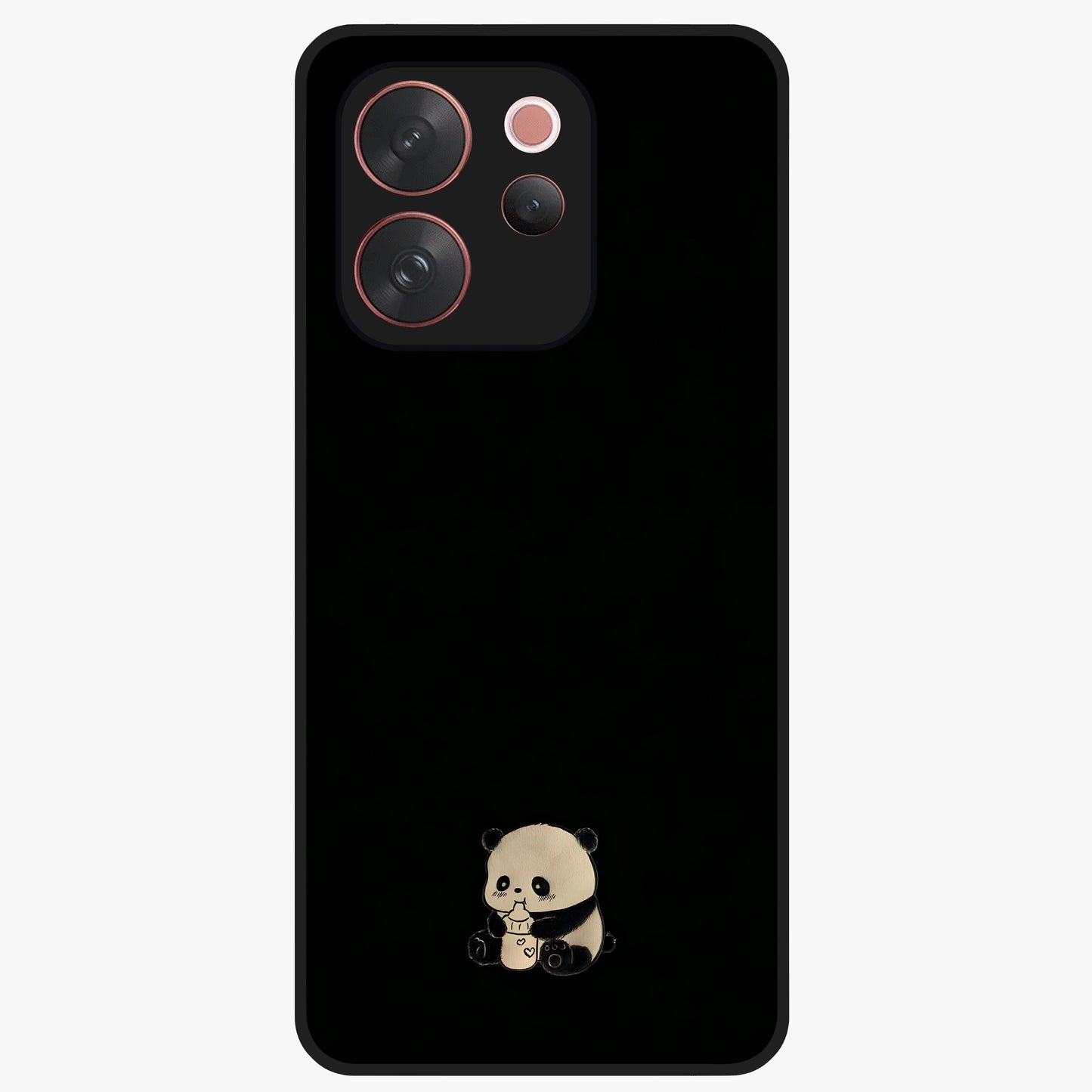 Midnight Panda Love Glass Case showing flat back view with cute panda themed artwork and glossy glass finish.