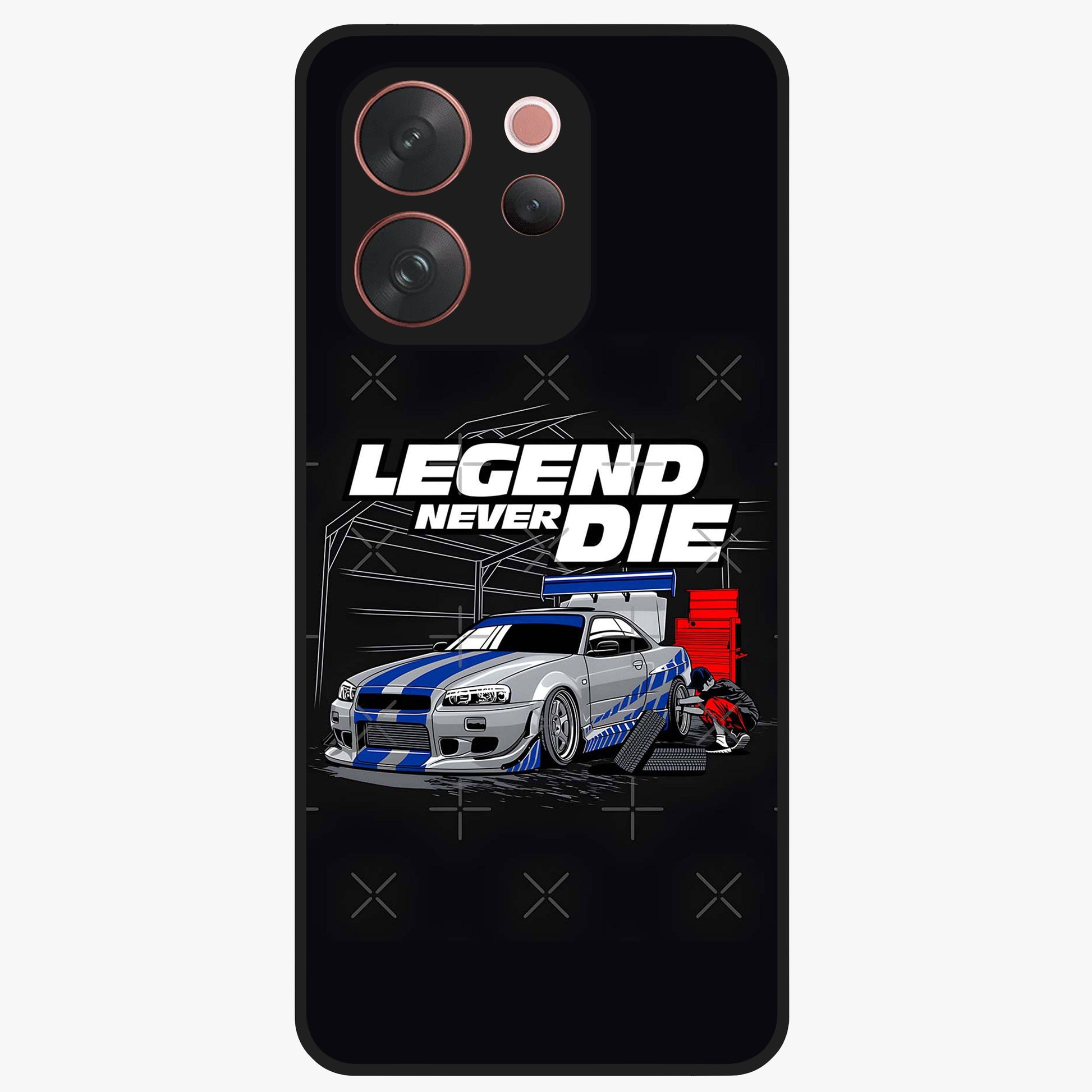 Midnight Racing Legacy Glass Case showing flat back view with sleek racing inspired artwork and glossy glass finish.