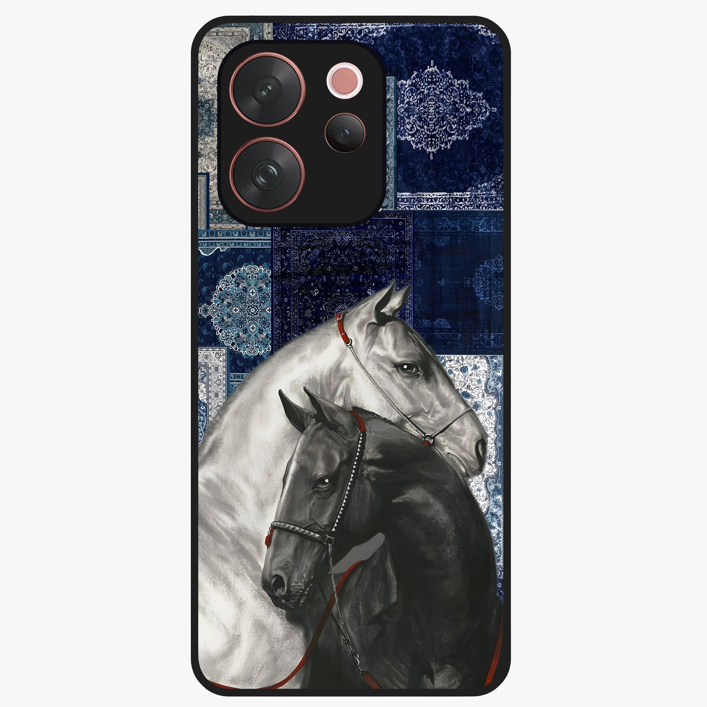 Midnight Stallion Blues Glass Case showing flat back view with majestic horse artwork and glossy glass finish.