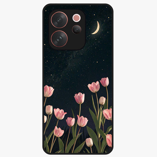 Midnight Tulip Whispers Vibe Glass Case showing flat back view with elegant tulip flower artwork and glossy glass finish.