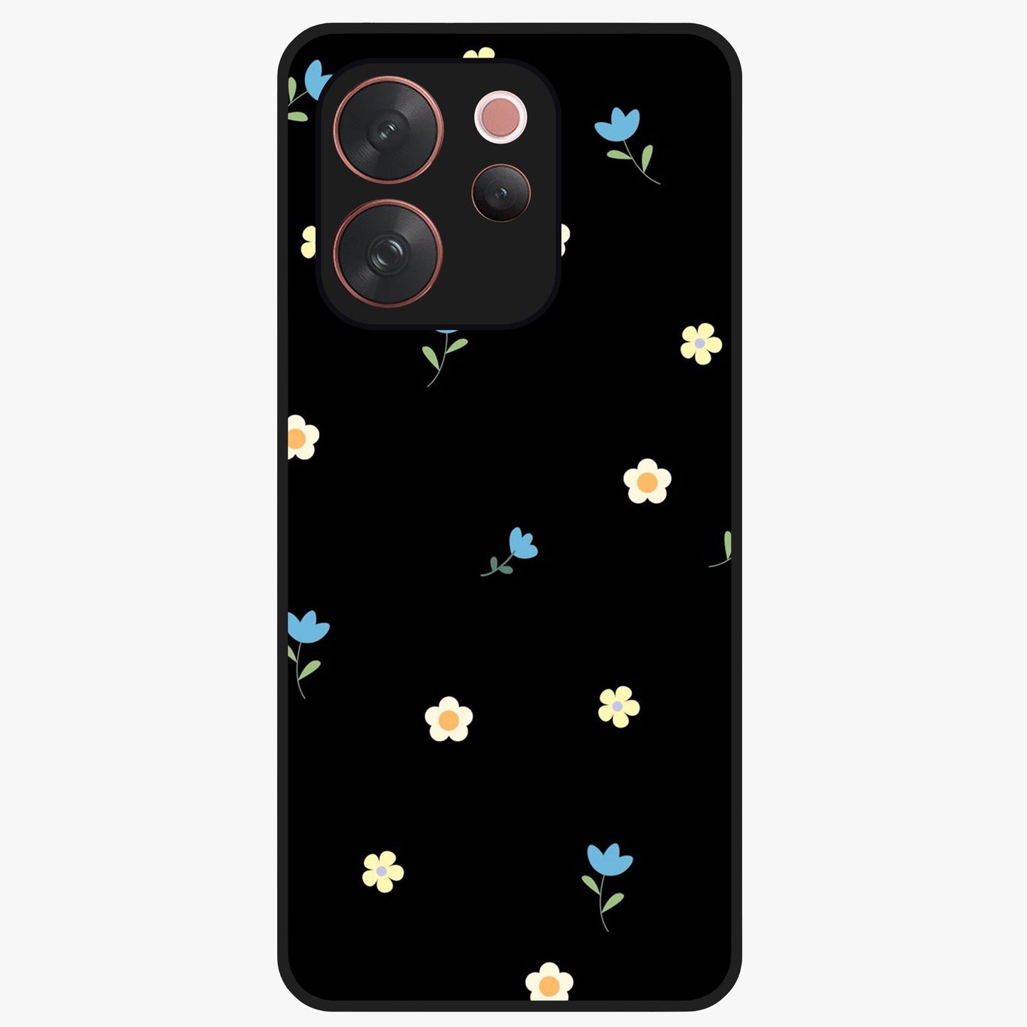 Minimalistic Blue With White Flower Pattern Glass Case showing flat back view with blue background and white flower pattern and glossy glass finish.