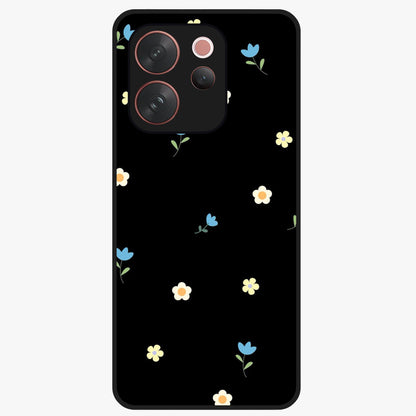 Minimalistic Blue With White Flower Pattern Glass Case showing flat back view with blue background and white flower pattern and glossy glass finish.