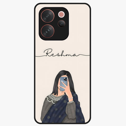 Mirror Mood Muse With Custom Name Glass Case showing flat back view with stylish mirrored artwork and personalized name design.
