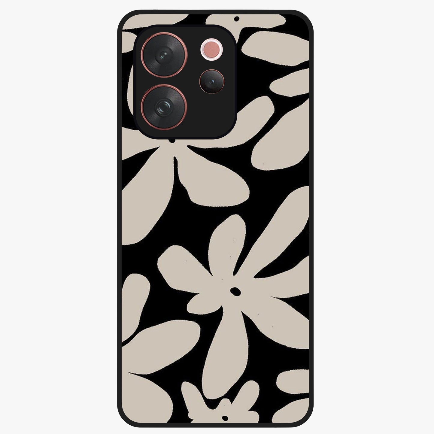 Monochrome Petal Dance Glass Case showing flat back view with monochrome floral artwork and glossy glass finish.