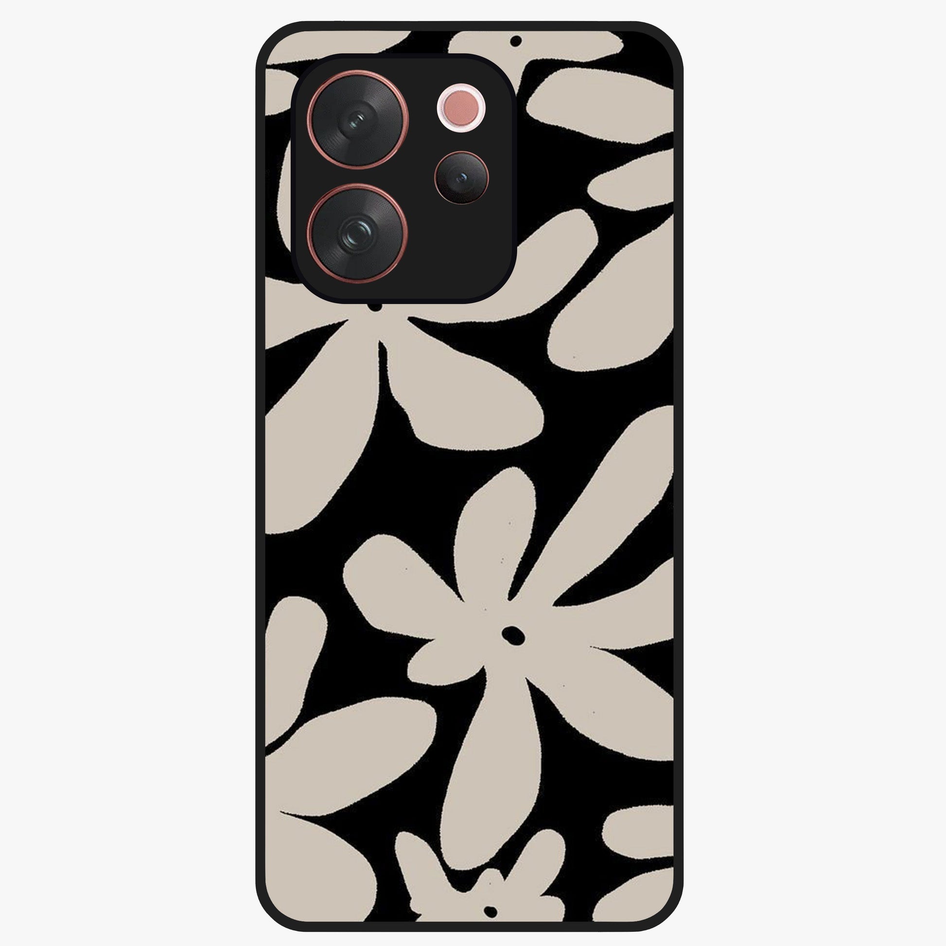 Monochrome Petal Dance Glass Case showing flat back view with monochrome floral artwork and glossy glass finish.