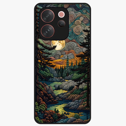 Moonlight Forest Dream Glass Case showing flat back view with mystical forest moonlight artwork and glossy glass finish.