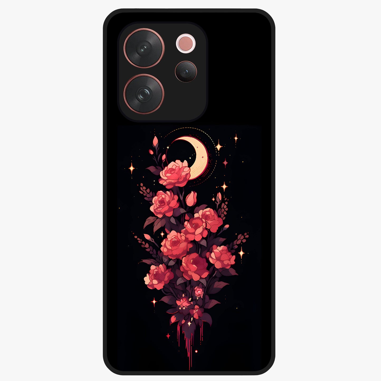 Moonlit Floral Elegance Glass Case showing flat back view with elegant floral artwork under moonlit tones and glossy glass finish.