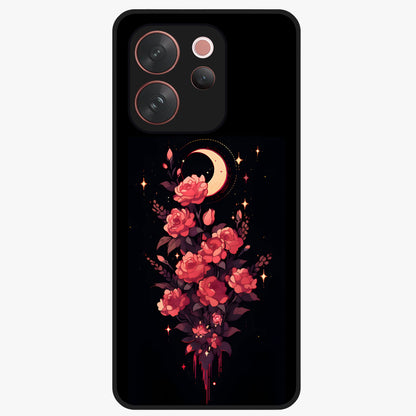 Moonlit Floral Elegance Glass Case showing flat back view with elegant floral artwork under moonlit tones and glossy glass finish.