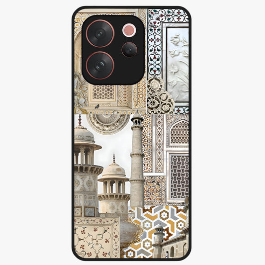 Mughal Marble Legacy Glass Case showing flat back view with intricate Mughal inspired marble pattern and glossy glass finish.