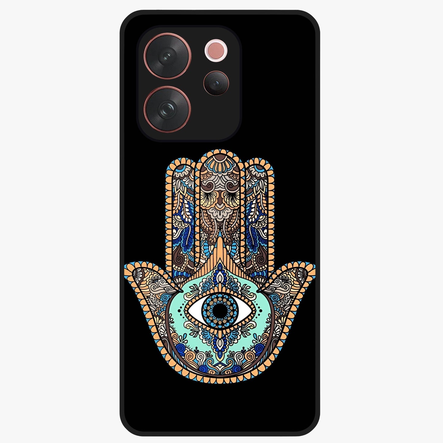 Mystic Hamsa Eye Glass Case showing flat back view with protective hamsa hand and evil eye artwork and glossy glass finish.