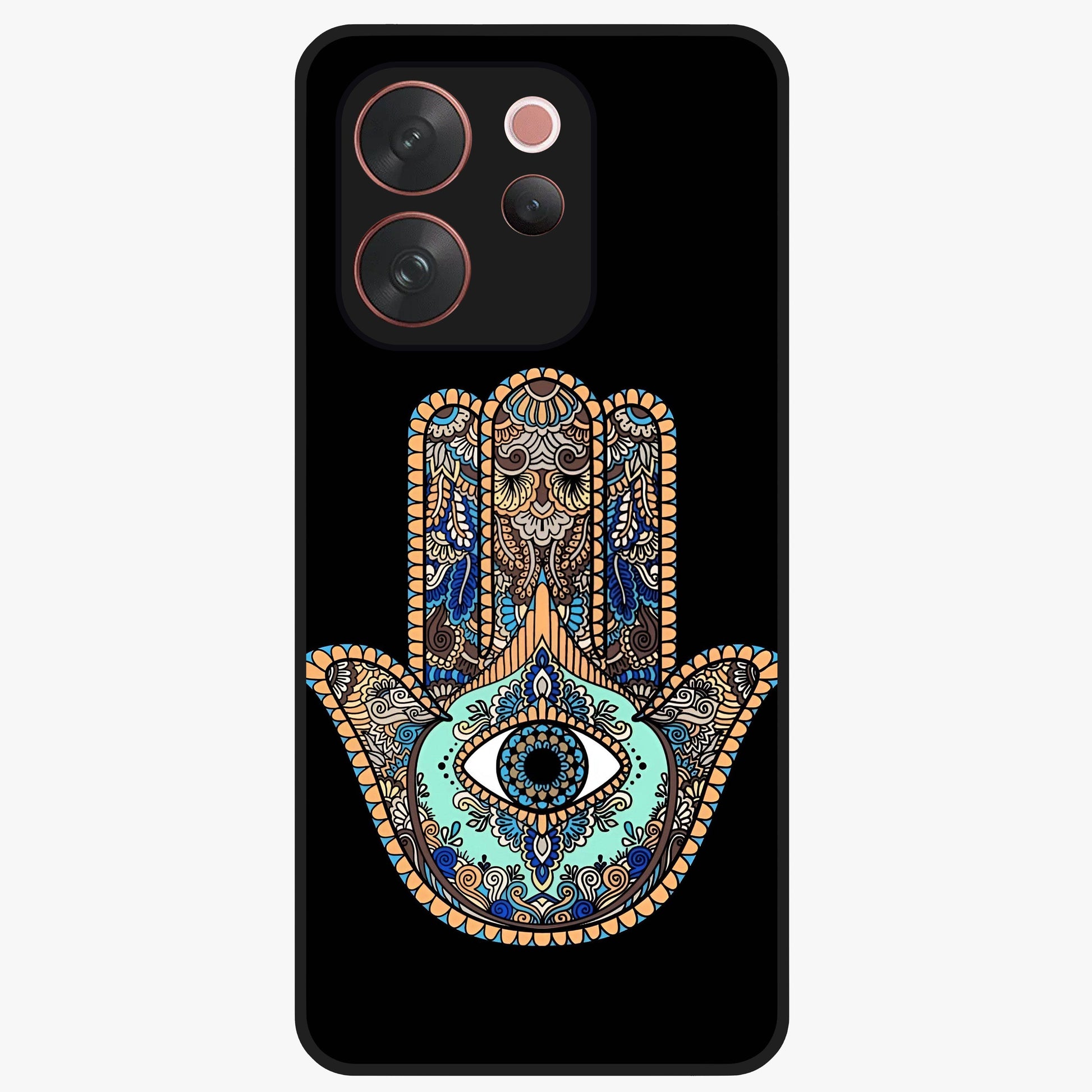 Mystic Hamsa Eye Glass Case showing flat back view with protective hamsa hand and evil eye artwork and glossy glass finish.