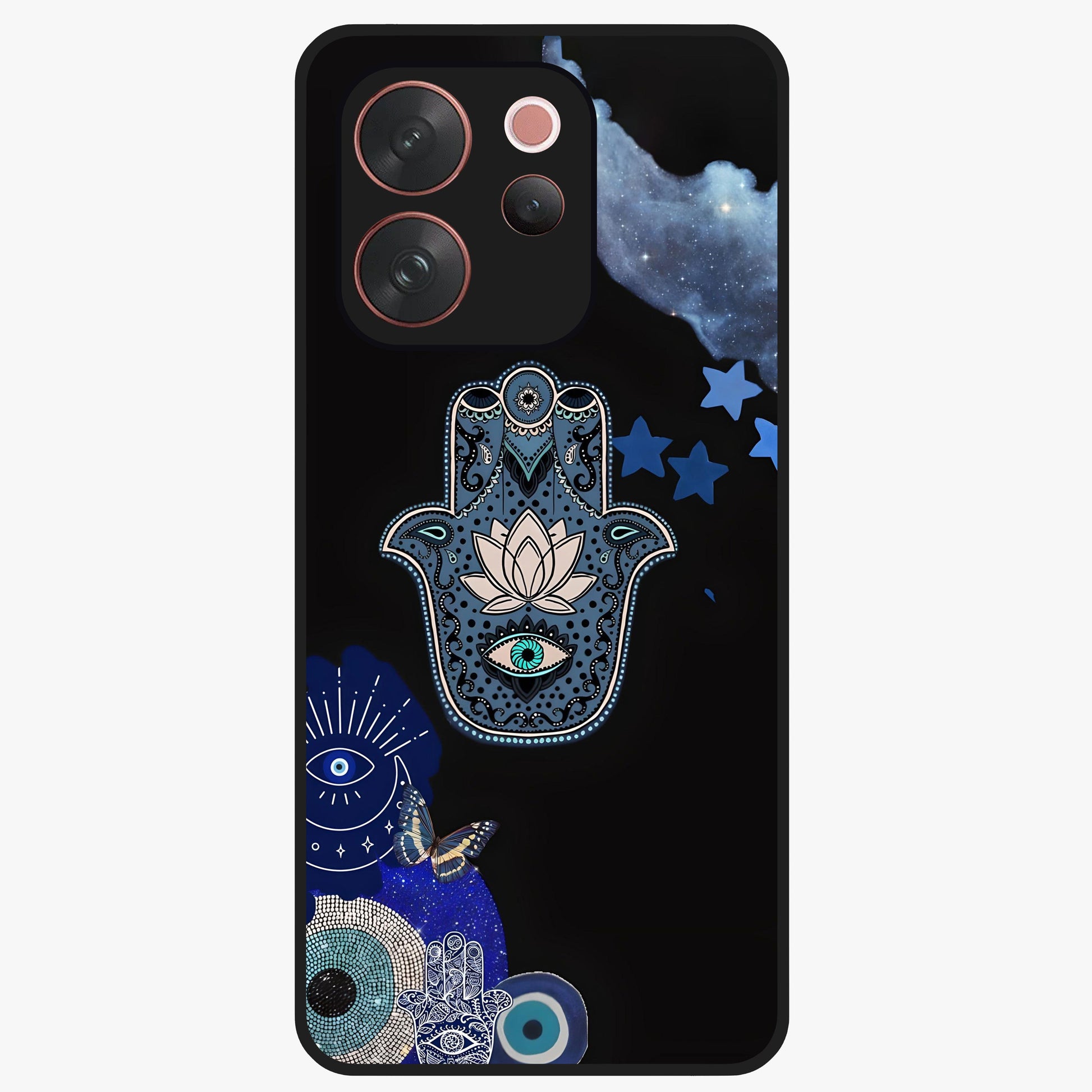 Mystic Hand Aura Glass Case showing flat back view with mystical hand symbol artwork and glossy glass finish.