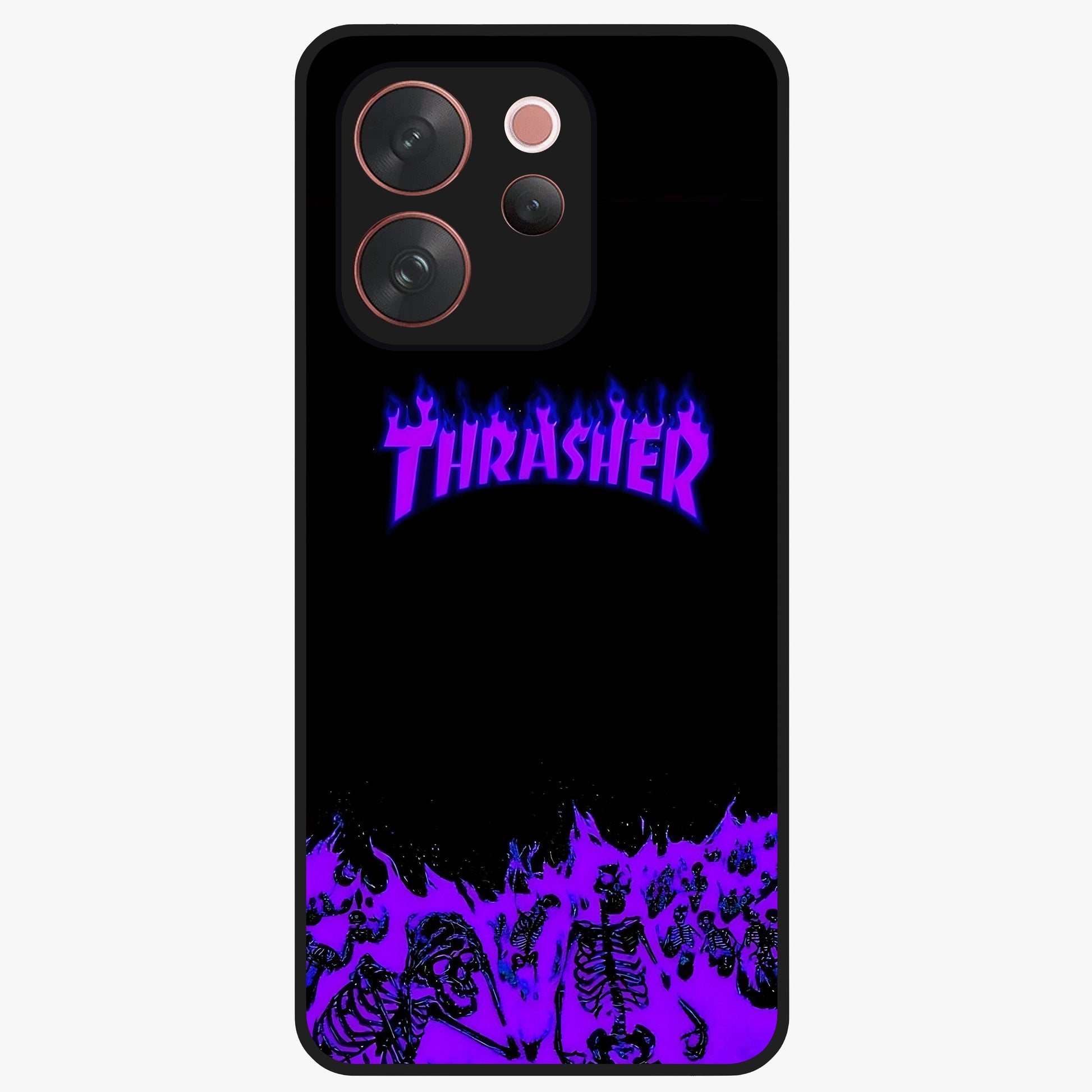 Neon Flame Riot Glass Case showing flat back view with neon flame artwork and glossy glass finish.