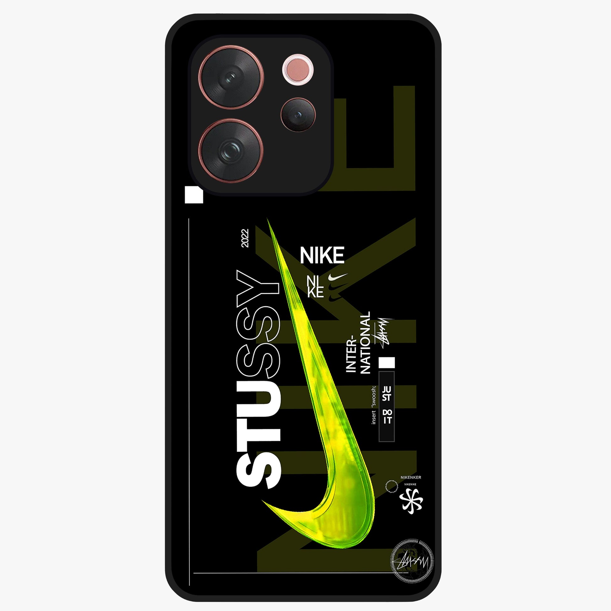 Neon Street Edition Glass Case showing flat back view with neon street style artwork and glossy glass finish.