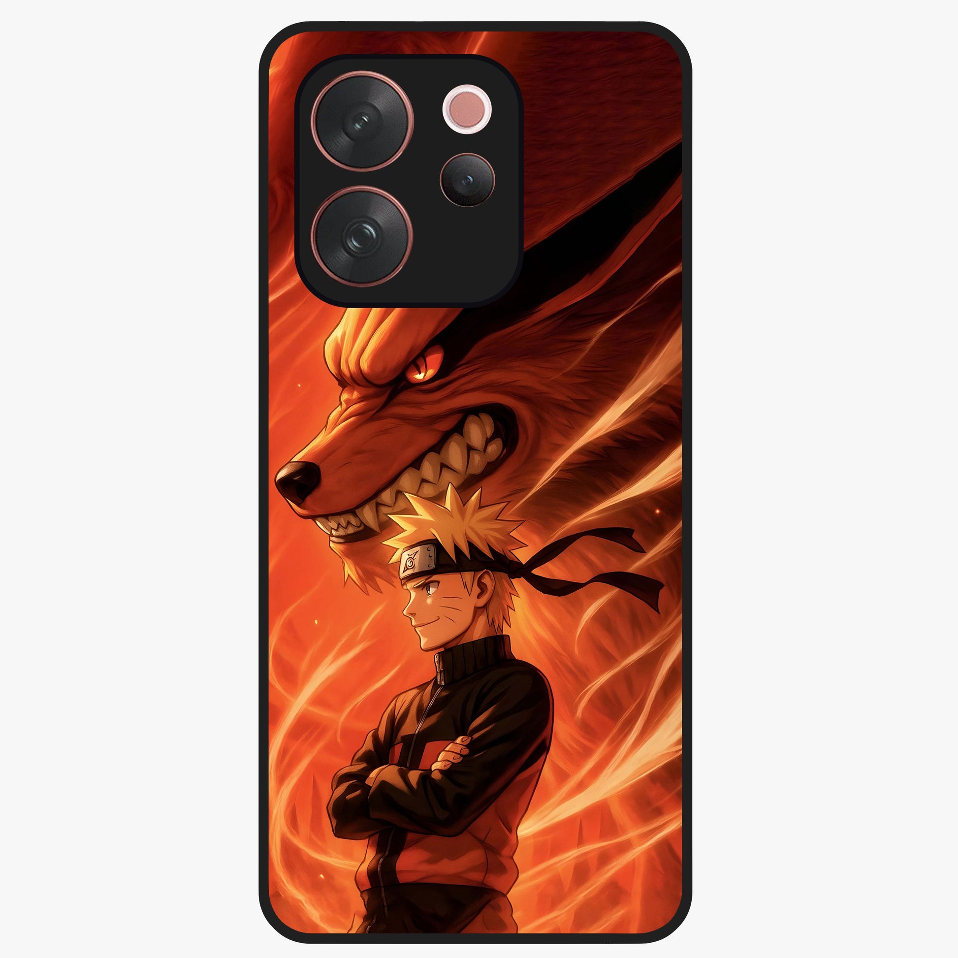 Nine Tails Legacy Glass Case showing flat back view with powerful nine-tailed fox inspired artwork and glossy glass finish.