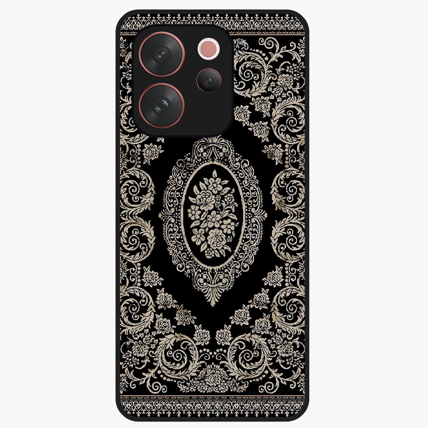 Noir Bloom Elegance Glass Case showing flat back view with elegant dark floral artwork and glossy glass finish.
