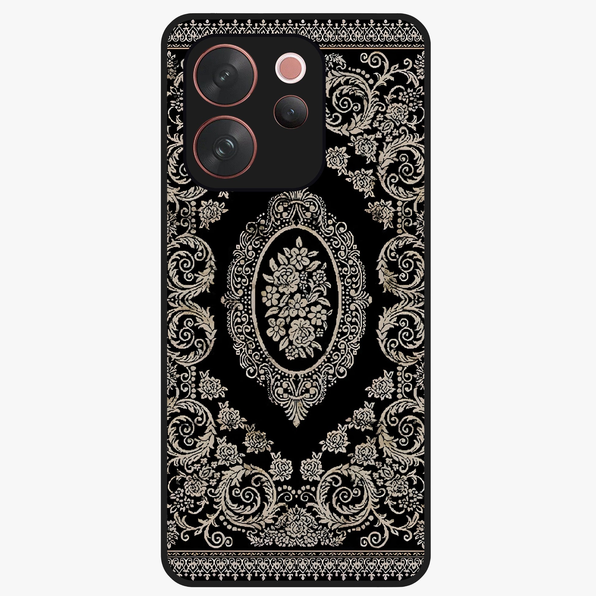 Noir Bloom Elegance Glass Case showing flat back view with elegant dark floral artwork and glossy glass finish.