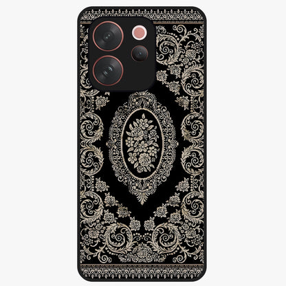 Noir Bloom Elegance Glass Case showing flat back view with elegant dark floral artwork and glossy glass finish.